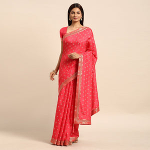 Gajri Pink Floral Printed Vichitra Silk Saree With Tassels