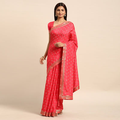 Gajri Pink Floral Printed Vichitra Silk Saree With Tassels