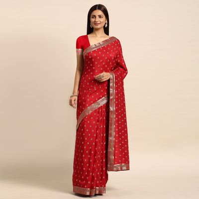 Maroon Floral Printed Vichitra Silk Saree With Tassels