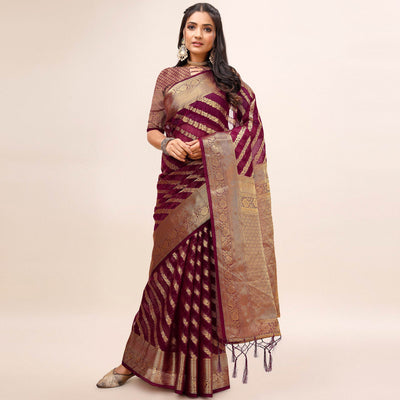 Maroon Woven Organza Saree With Tassels