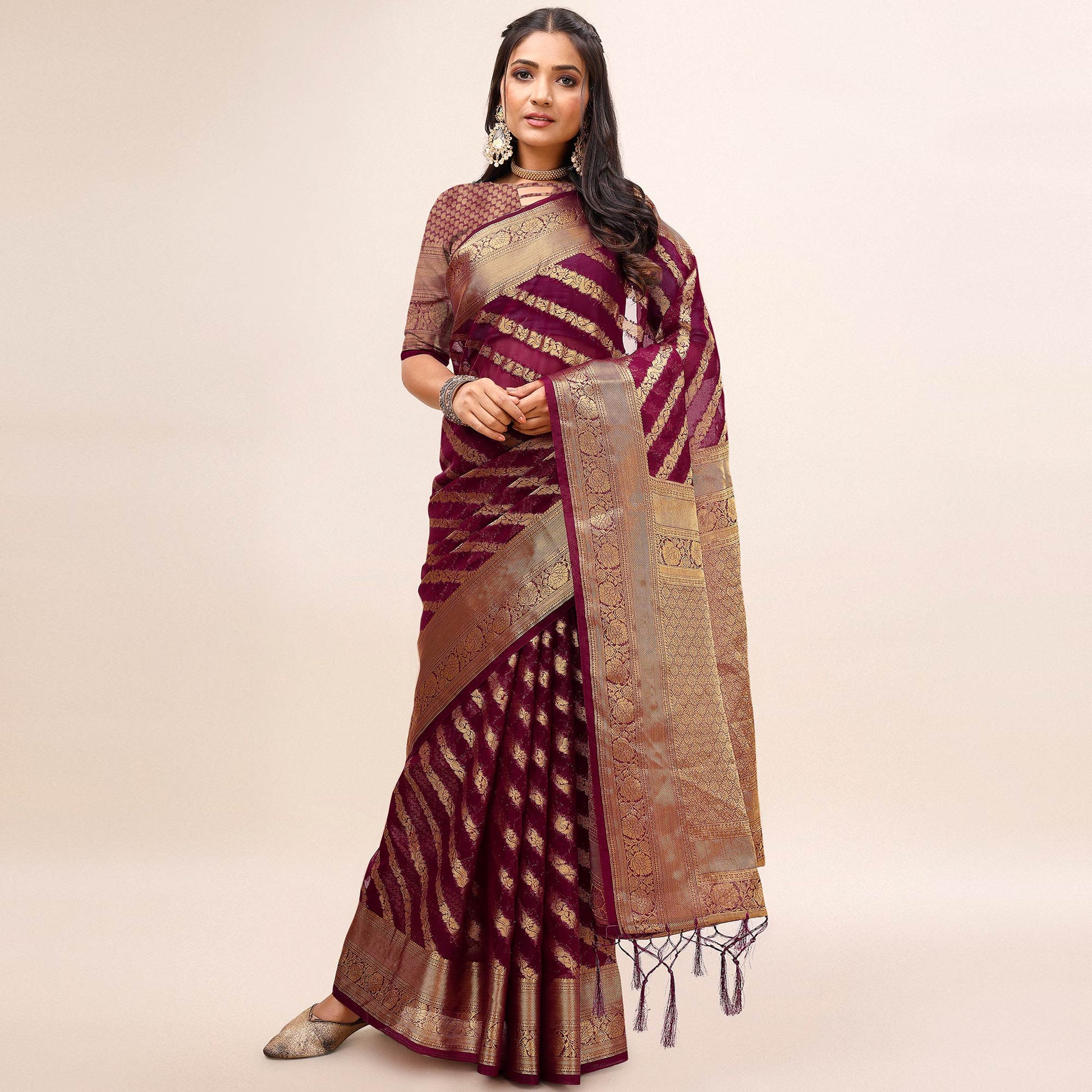 Maroon Woven Organza Saree With Tassels
