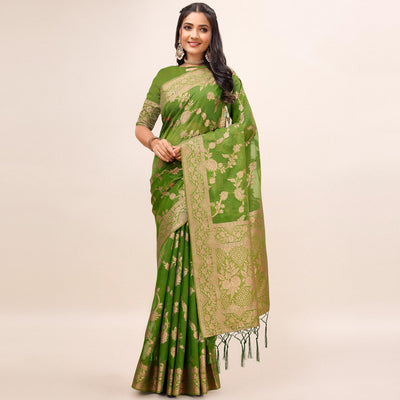 Mehendi Green Woven Organza Saree With Tassels
