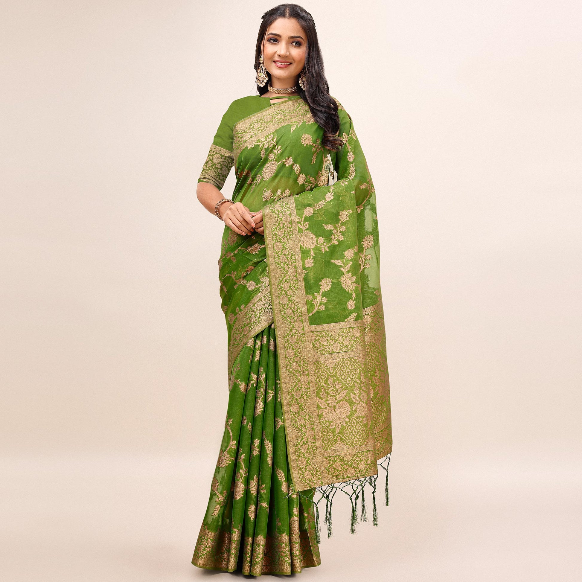 Mehendi Green Woven Organza Saree With Tassels