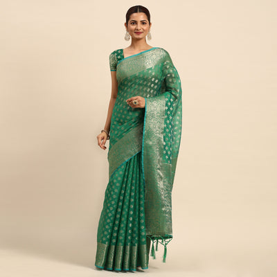 green-woven-organza-silk-saree-with-tassels