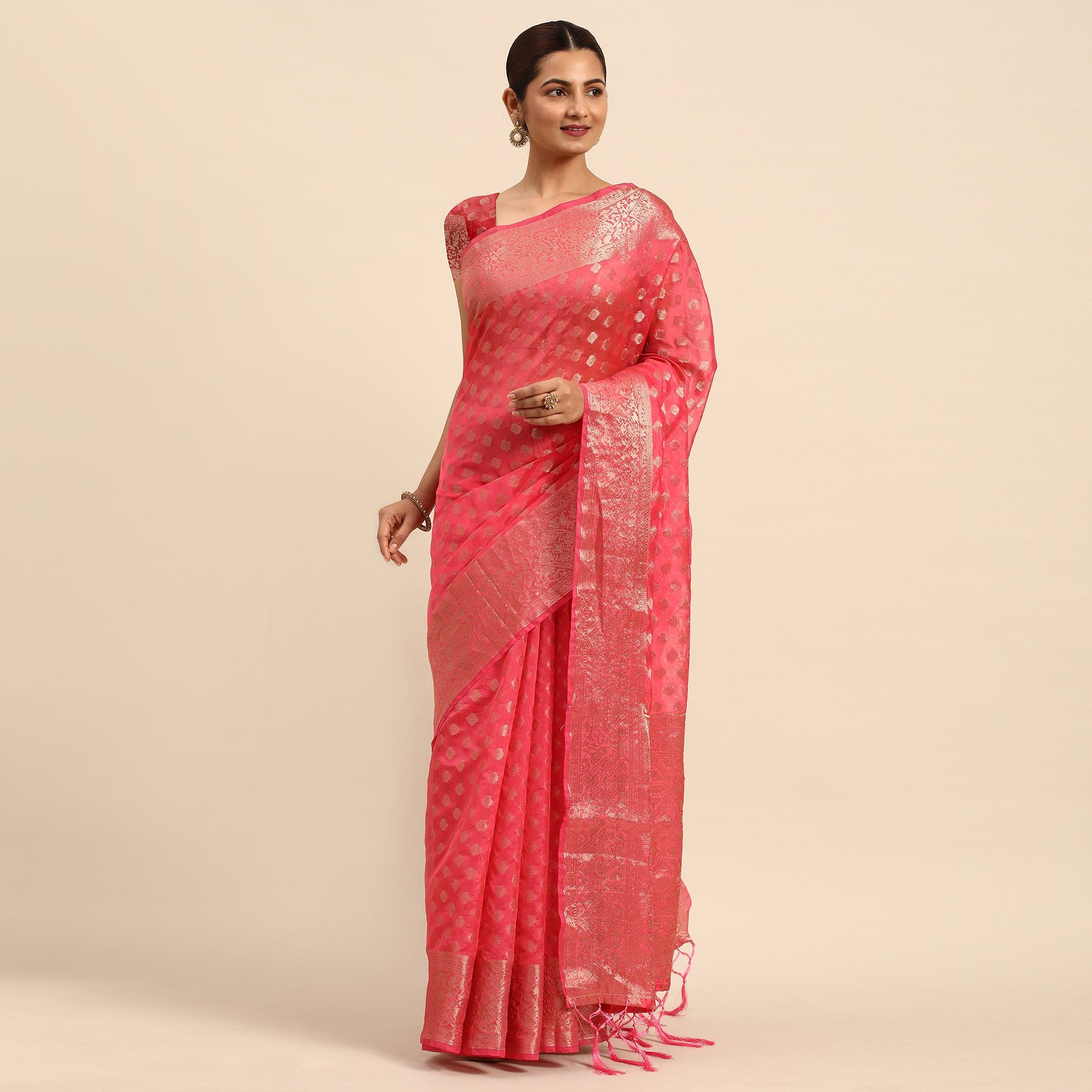 Gajari Pink Woven Organza Silk Saree With Tassels
