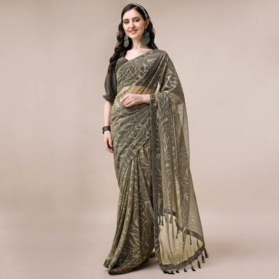 Mehendi Green Floral Printed Rayon Saree