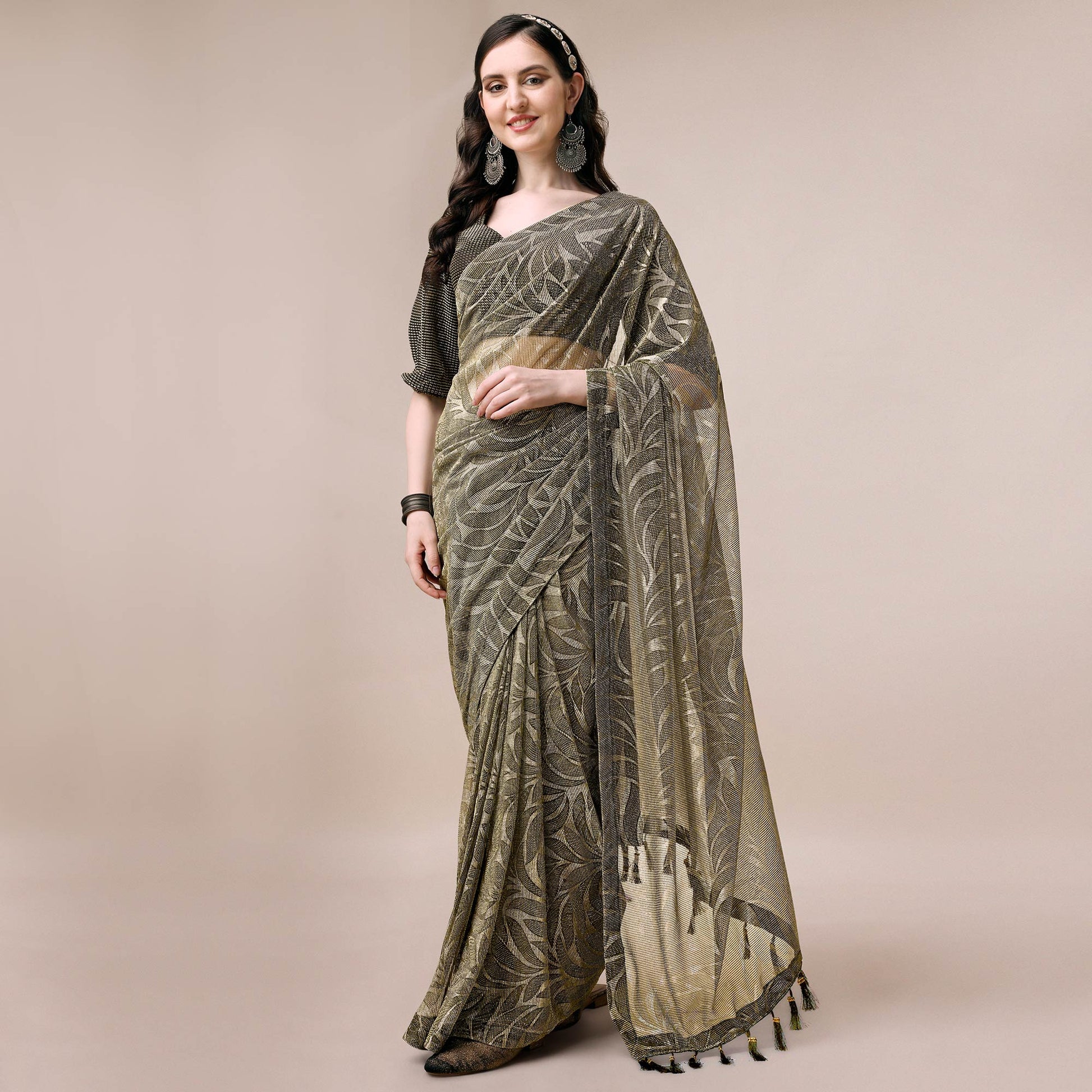 Mehendi Green Floral Printed Rayon Saree