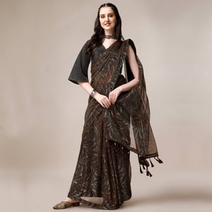 Brown Floral Printed Rayon Saree