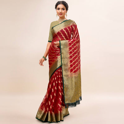 Maroon Woven Organza Saree With Tassels