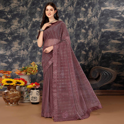 Dark Mauve Tikali With Floral Embroidered Lycra Saree