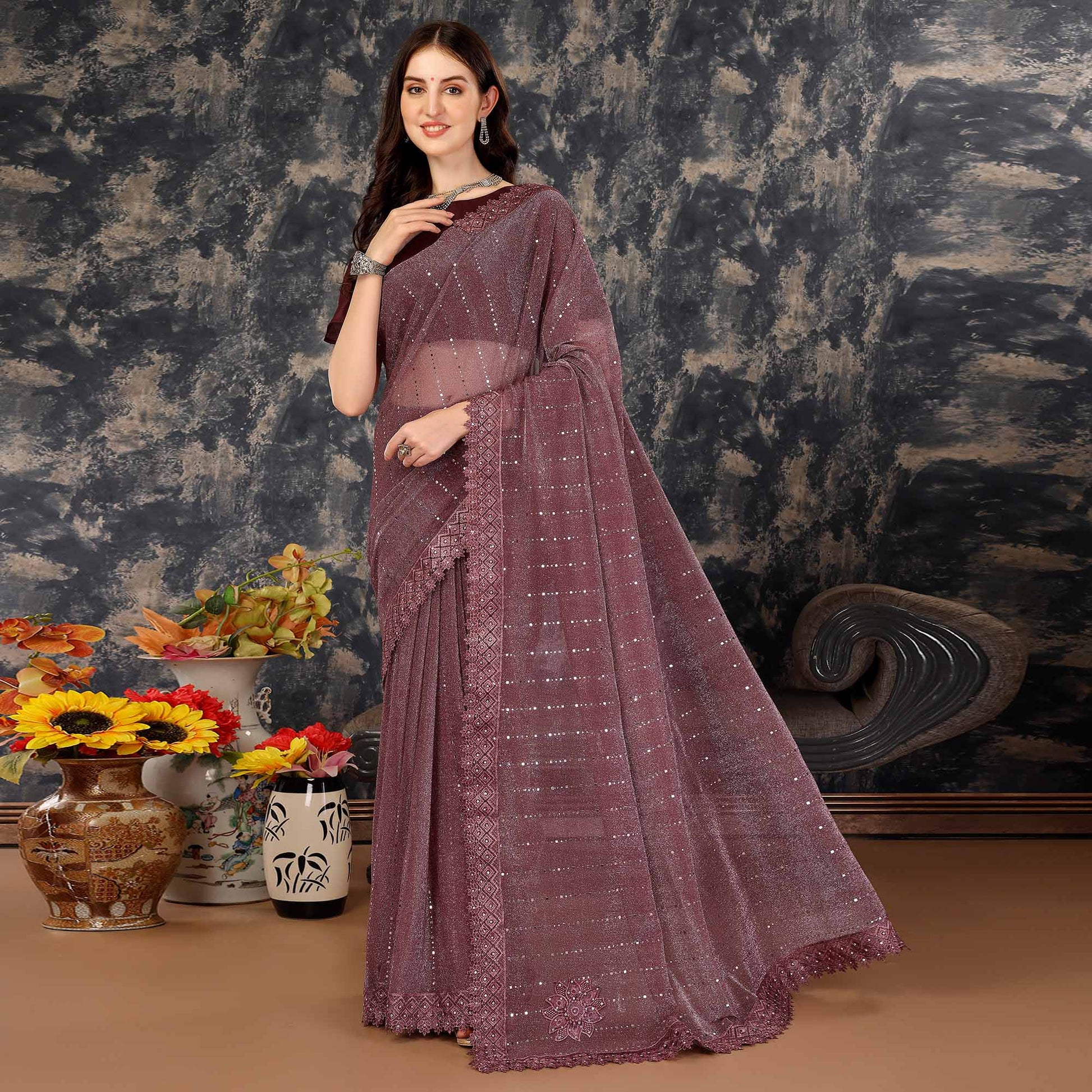 Dark Mauve Tikali With Floral Embroidered Lycra Saree