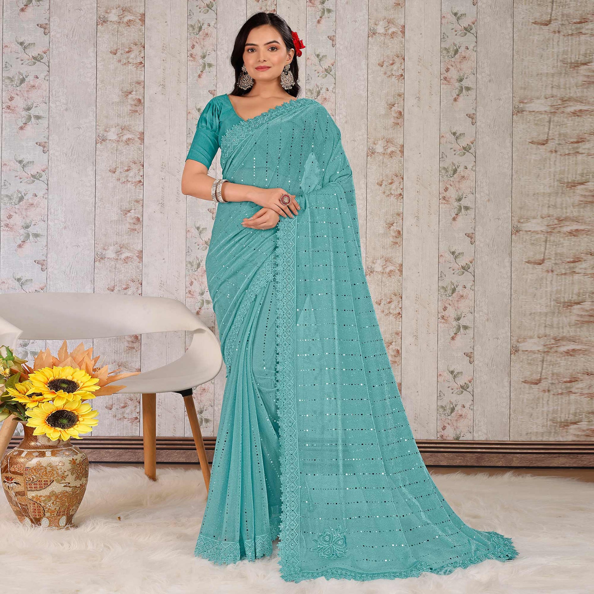 Blue Tikali With Floral Embroidered Lycra Saree
