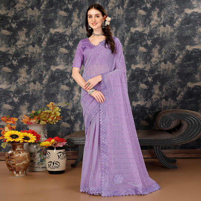 Lavender Tikali With Floral Embroidered Lycra Saree