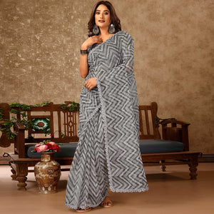 Grey Zig Zag Printed With Stone Work Organza Ready To Wear Saree