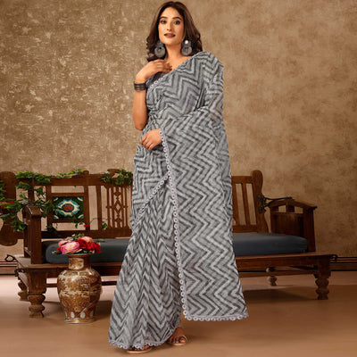 Grey Zig Zag Printed With Stone Work Organza Ready To Wear Saree