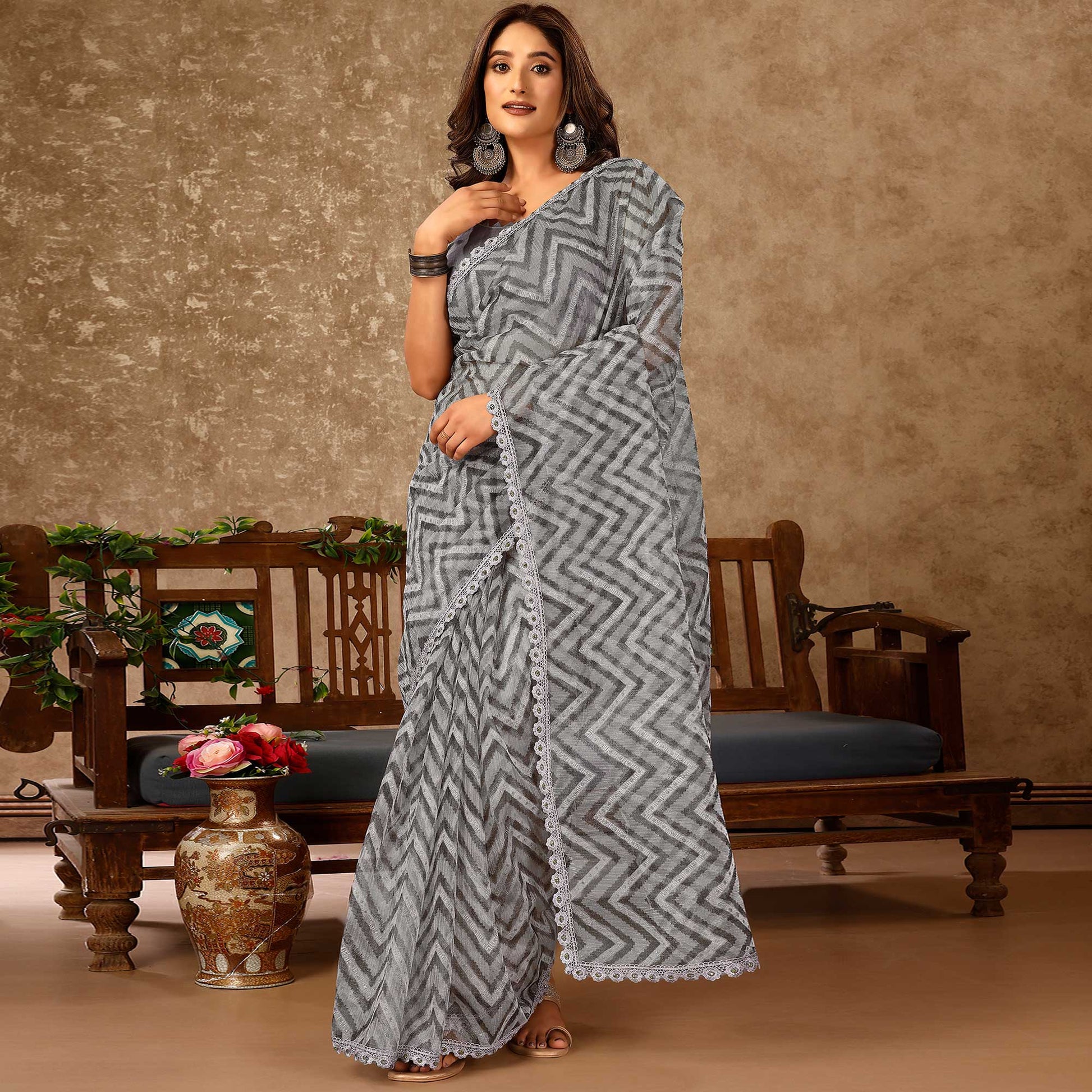 Grey Zig Zag Printed With Stone Work Organza Ready To Wear Saree