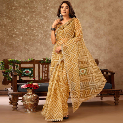 Chikoo Zig Zag Printed With Stone Work Organza Ready To Wear Saree