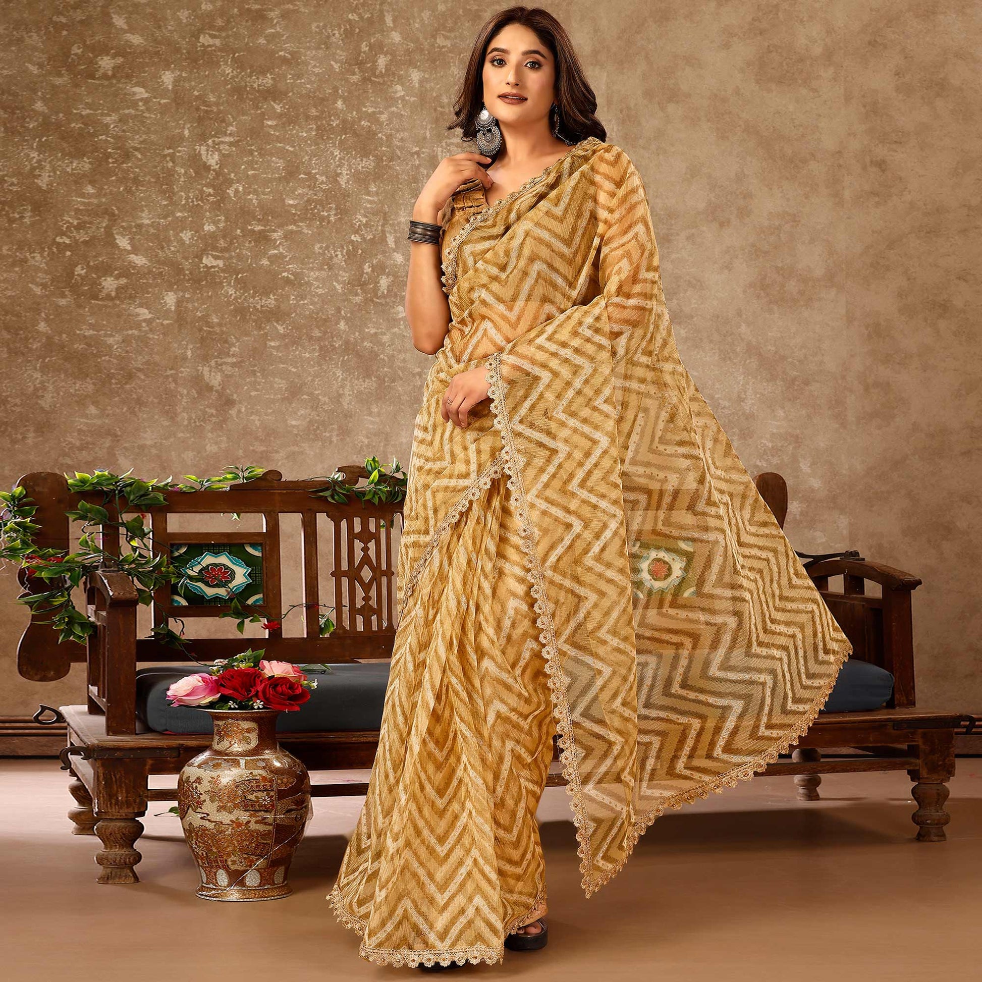 Chikoo Zig Zag Printed With Stone Work Organza Ready To Wear Saree
