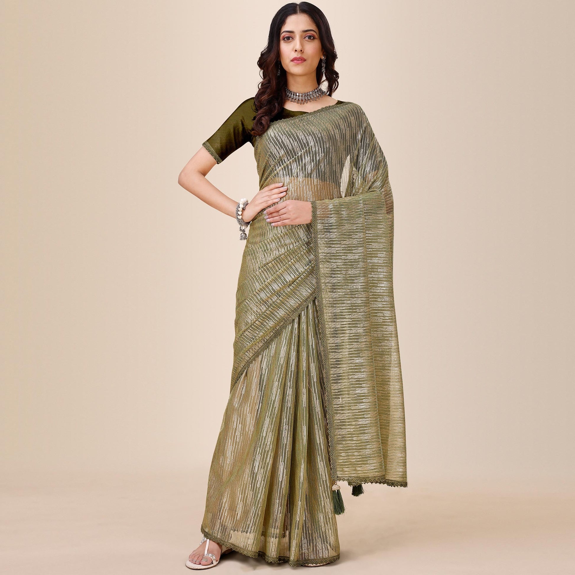 Mehandi Green Foil Printed Lycra Saree