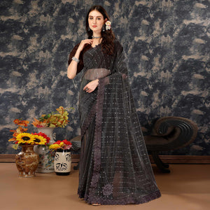 Brown Tikali Work Lycra Saree With Embroidered Lace Border