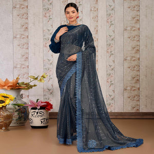 Blue Tikali Work Lycra Saree With Embroidered Lace Border