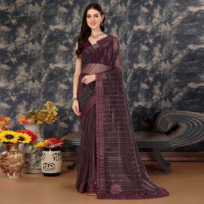 Dark Mauve Tikali Work Lycra Saree With Embroidered Lace Border