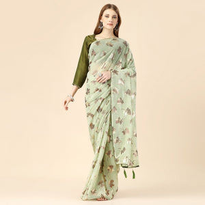 Light Green Floral Foil Printed Rayon Saree