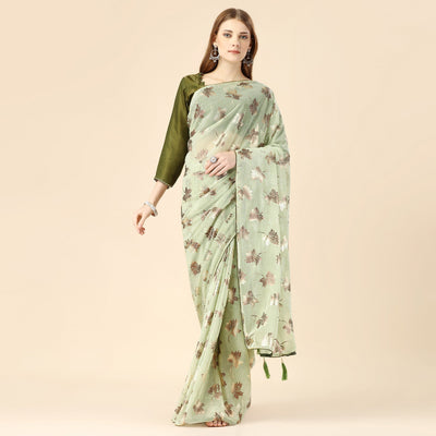 Light Green Floral Foil Printed Rayon Saree