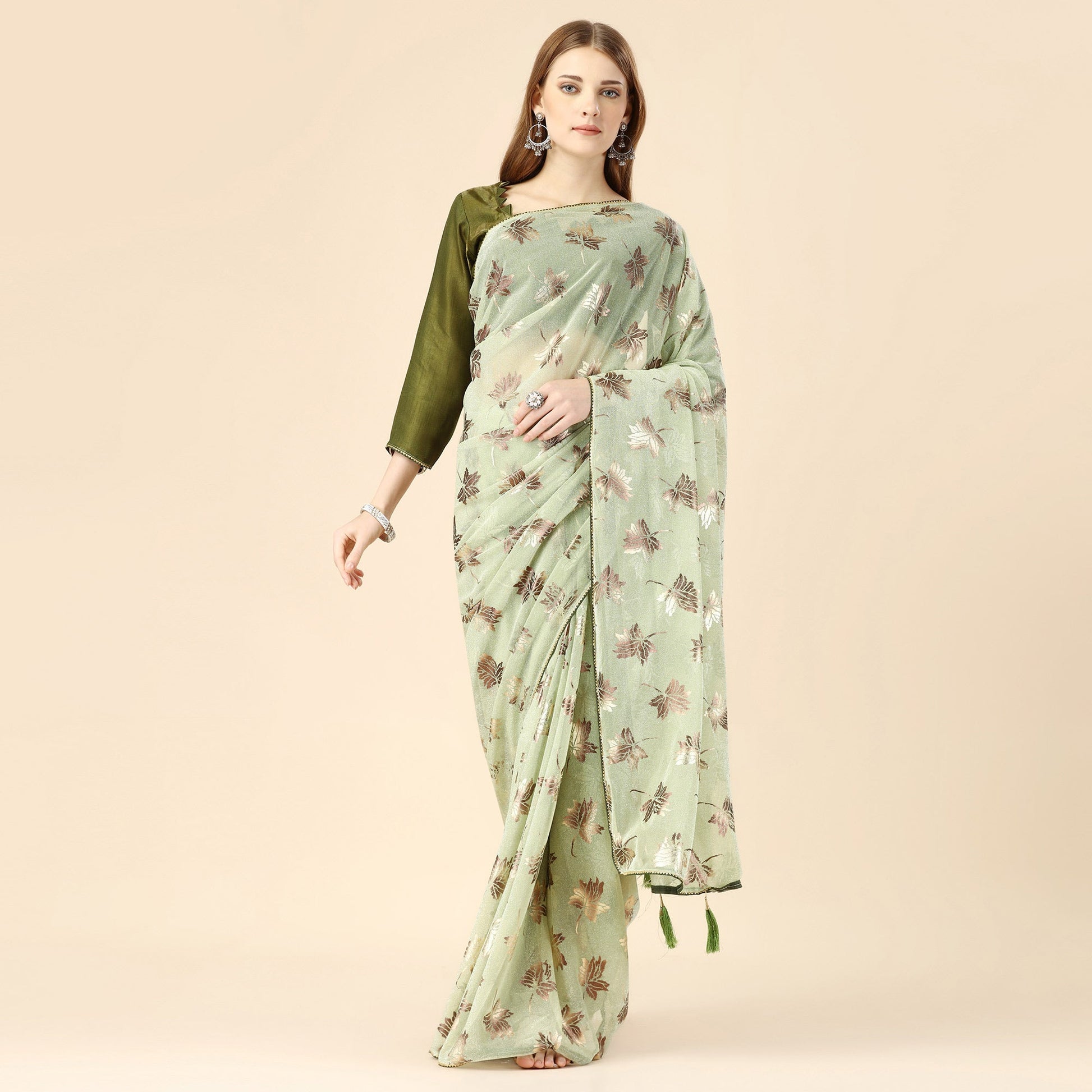 Light Green Floral Foil Printed Rayon Saree