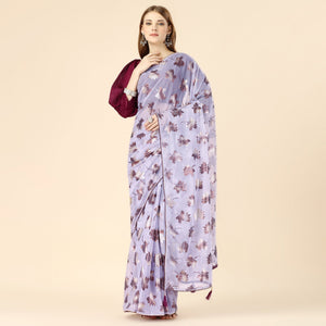 Lavender Floral Foil Printed Rayon Saree