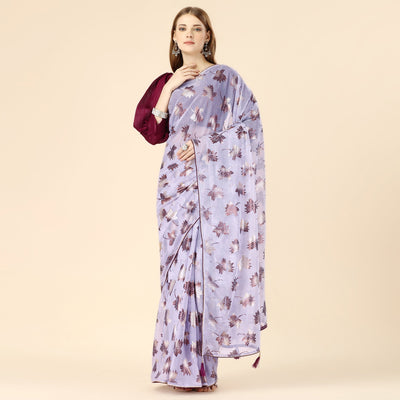 Lavender Floral Foil Printed Rayon Saree