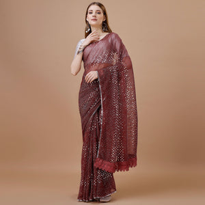 Maroon Sequins Embroidered Lycra Saree