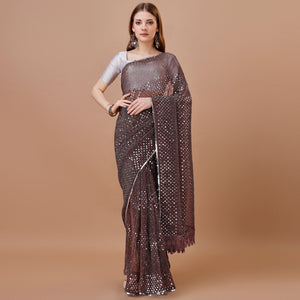 Brown Sequins Embroidered Lycra Saree