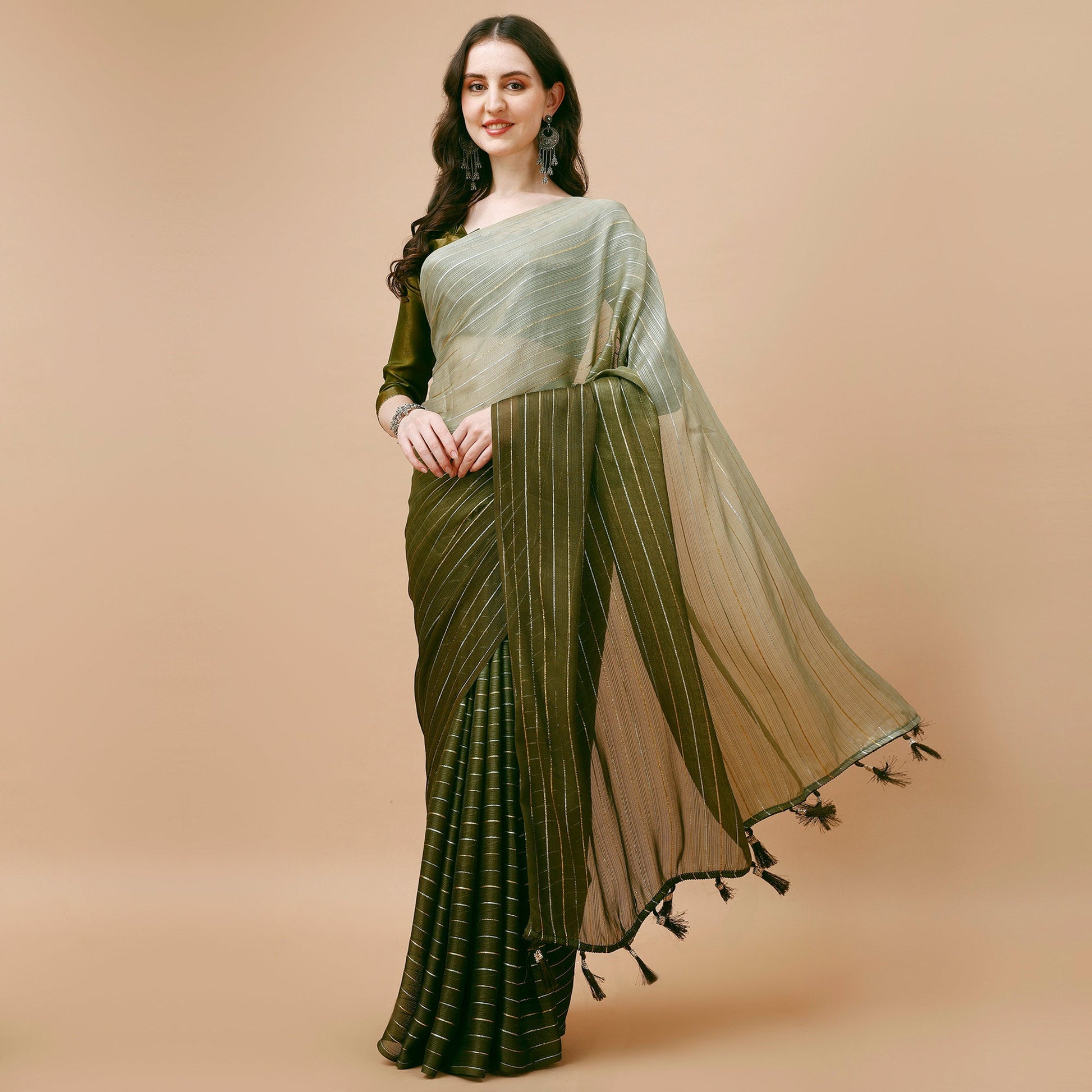 Mehendi Green Zari Woven Chiffon Saree