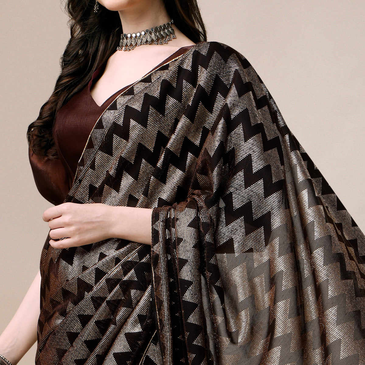 Brown Digital Foil Printed Rayon Saree