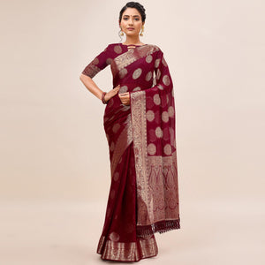 Maroon Woven Chiffon Saree With Tassels
