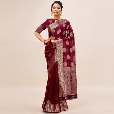 Maroon Woven Chiffon Saree With Tassels