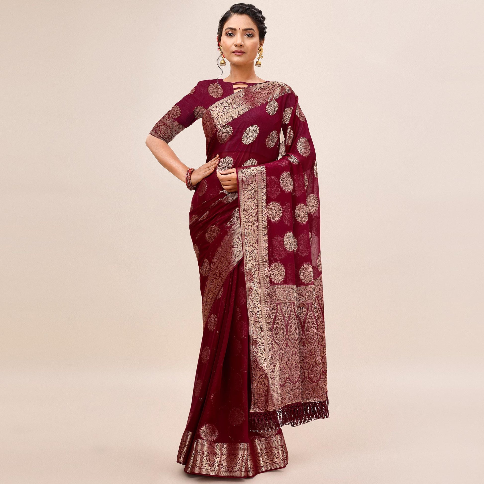 Maroon Woven Chiffon Saree With Tassels