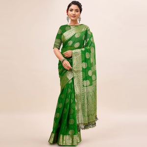 green-woven-chiffon-saree-with-tassels