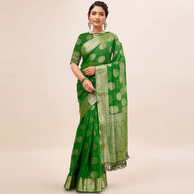 green-woven-chiffon-saree-with-tassels
