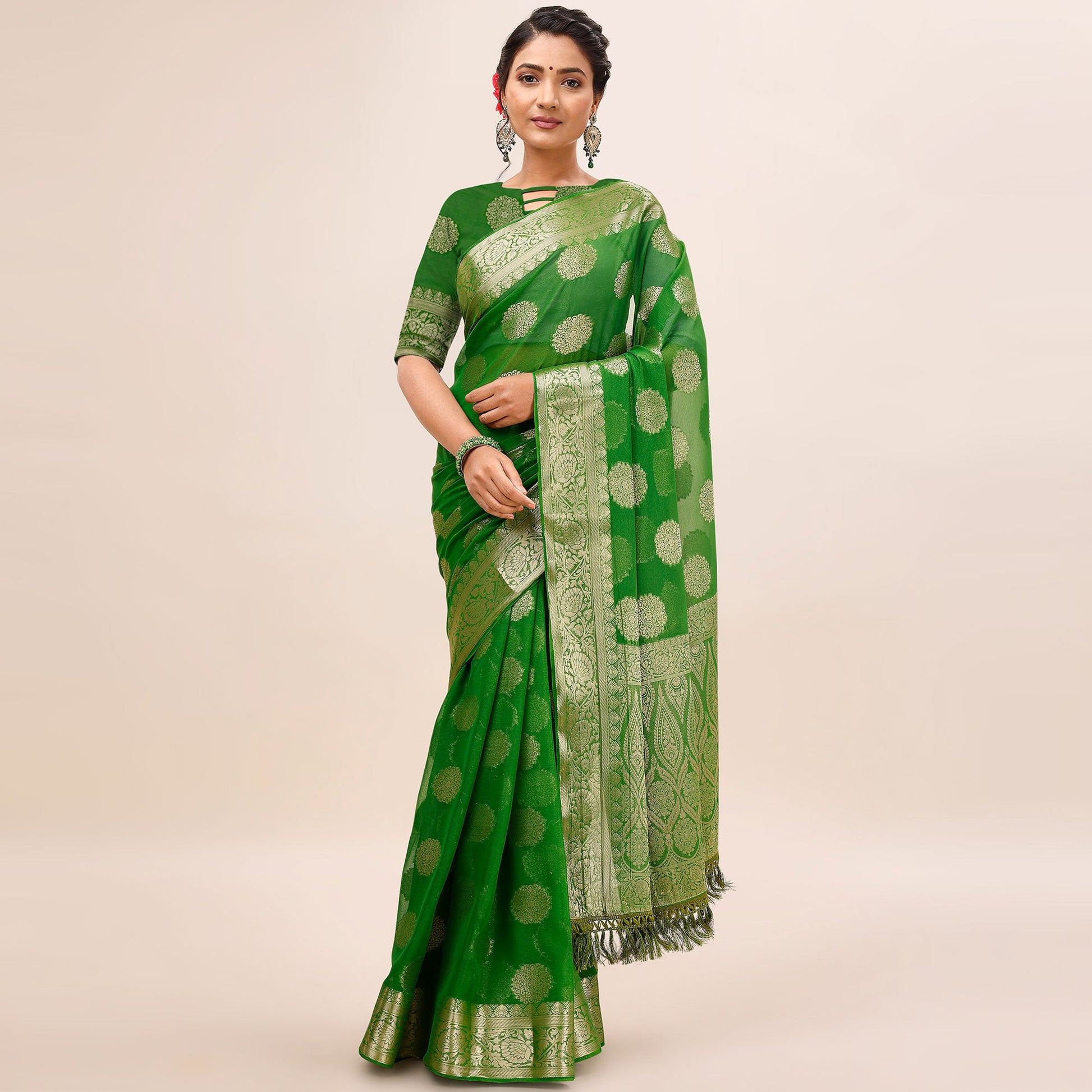 green-woven-chiffon-saree-with-tassels
