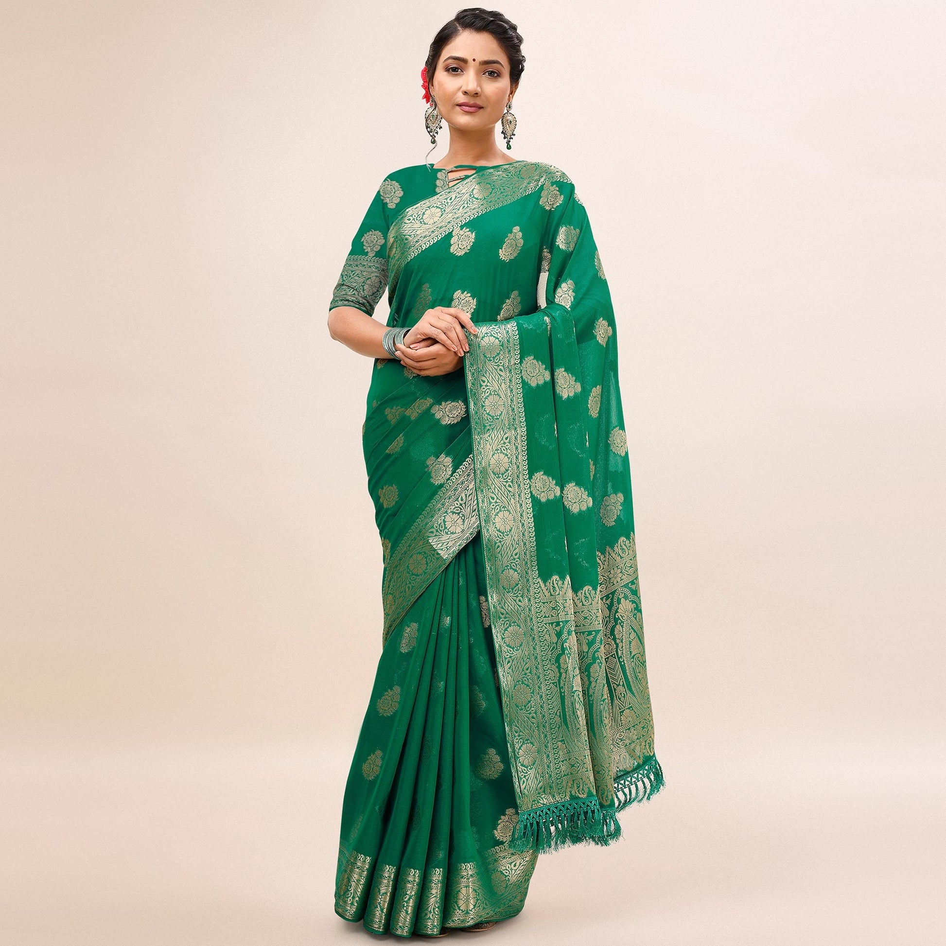 green-woven-chiffon-saree-with-tassels-1