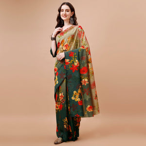 green-brown-floral-printed-vichitra-silk-saree