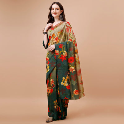 green-brown-floral-printed-vichitra-silk-saree