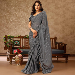 Grey Tikki Work Lycra Ready To Wear Ruffle Saree