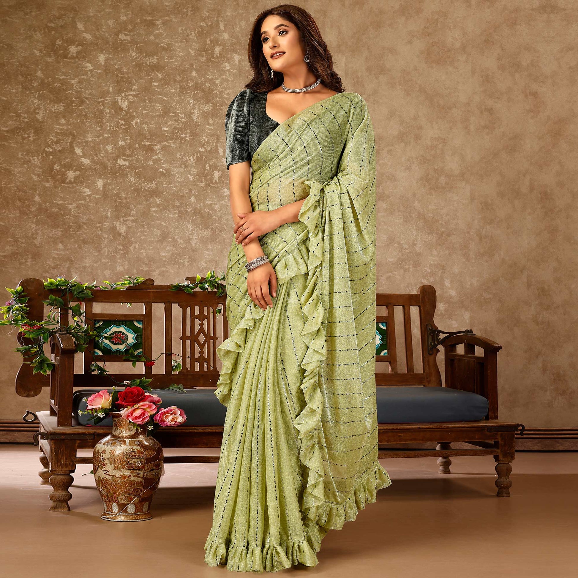 green-tikki-work-lycra-ready-to-wear-ruffle-saree