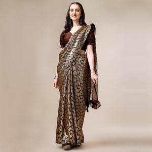 Brown & Gold Foil Printed Rayon Saree