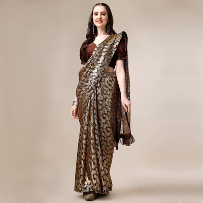 Brown & Gold Foil Printed Rayon Saree