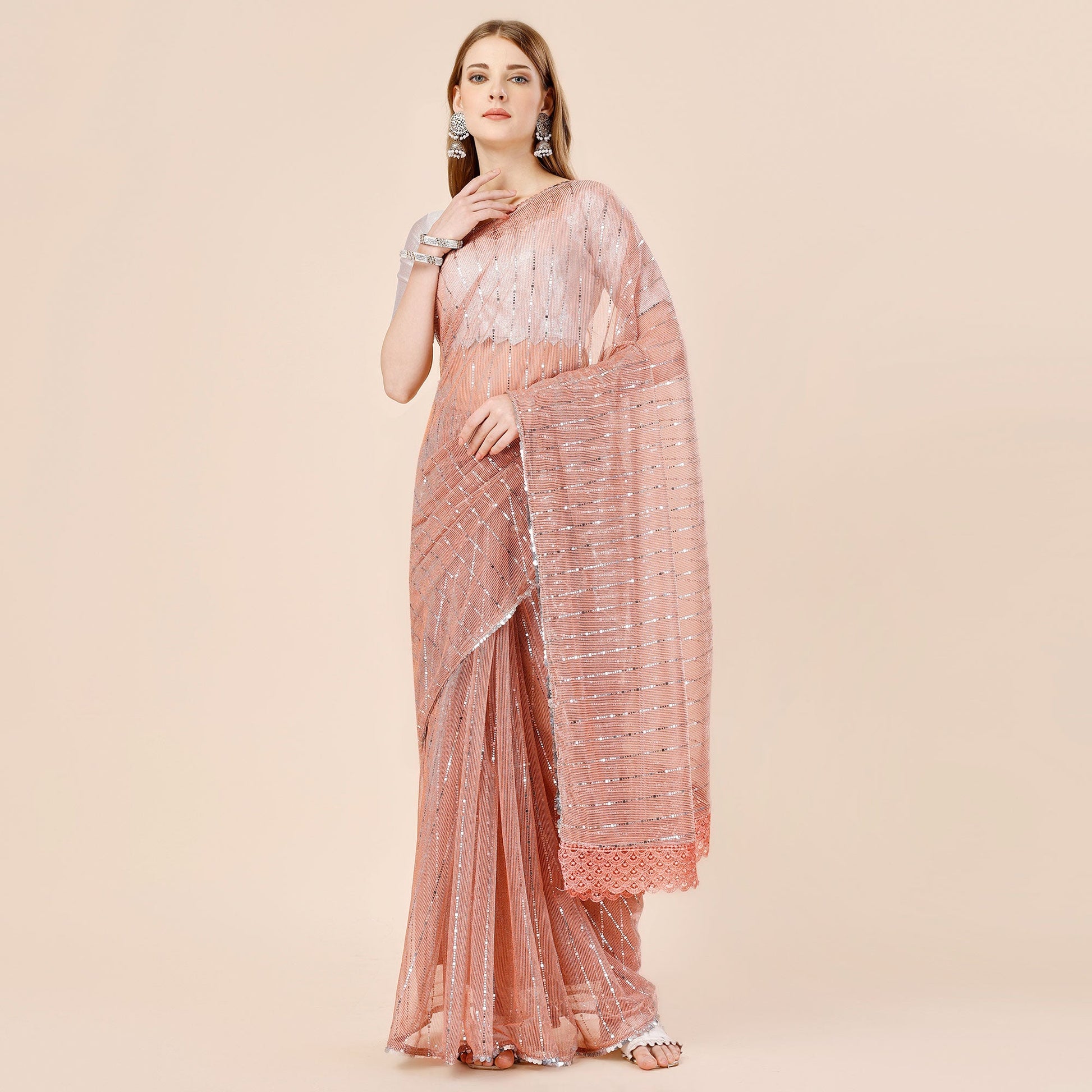 Light Brown Tikki Work Lycra Saree With Embroidered Border