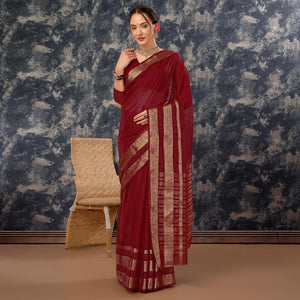 Maroon Floral Zari Woven Organza Saree